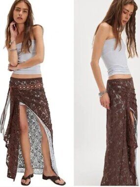 Free People FP One Solene Iced Chocolate High Low Maxi Skirt Stretch Lace NWT